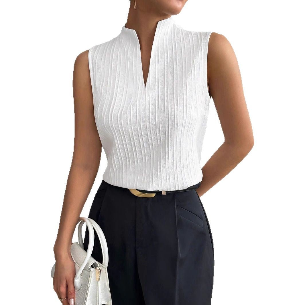 2025 summer new women's tops solid color V-neck slim fit sleeveless textured short-sleeved casual T-shirt