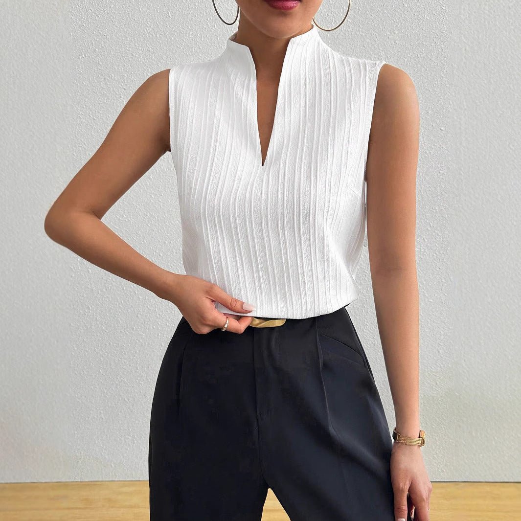 2025 summer new women's tops solid color V-neck slim fit sleeveless textured short-sleeved casual T-shirt
