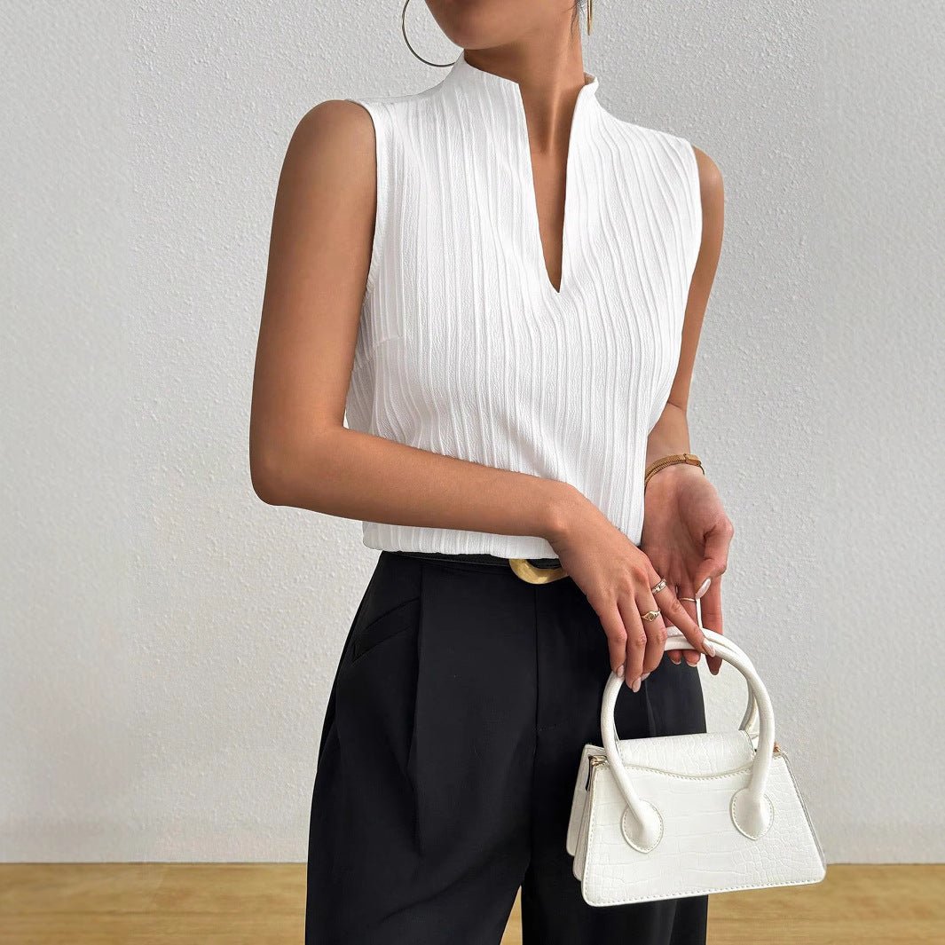 2025 summer new women's tops solid color V-neck slim fit sleeveless textured short-sleeved casual T-shirt