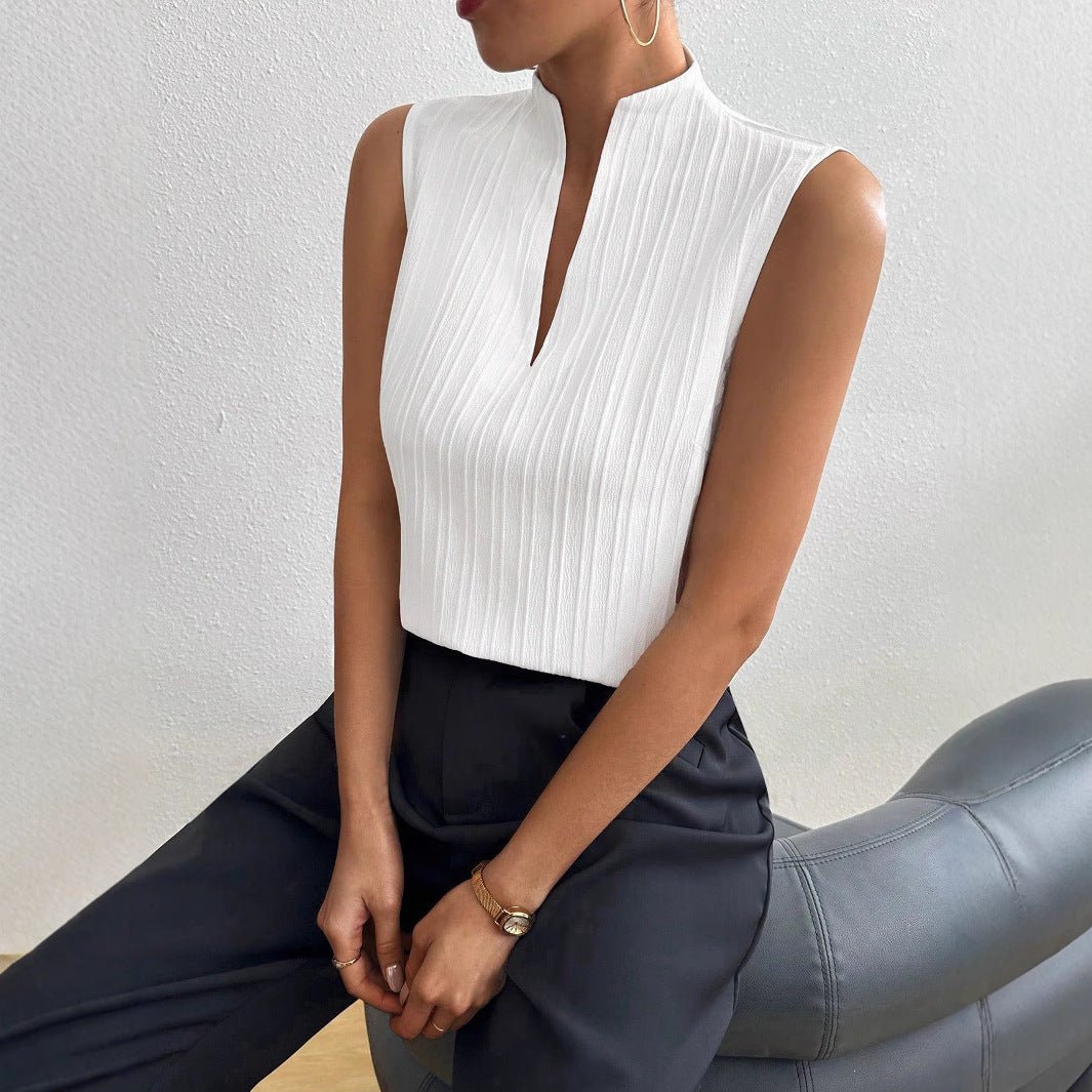 2025 summer new women's tops solid color V-neck slim fit sleeveless textured short-sleeved casual T-shirt