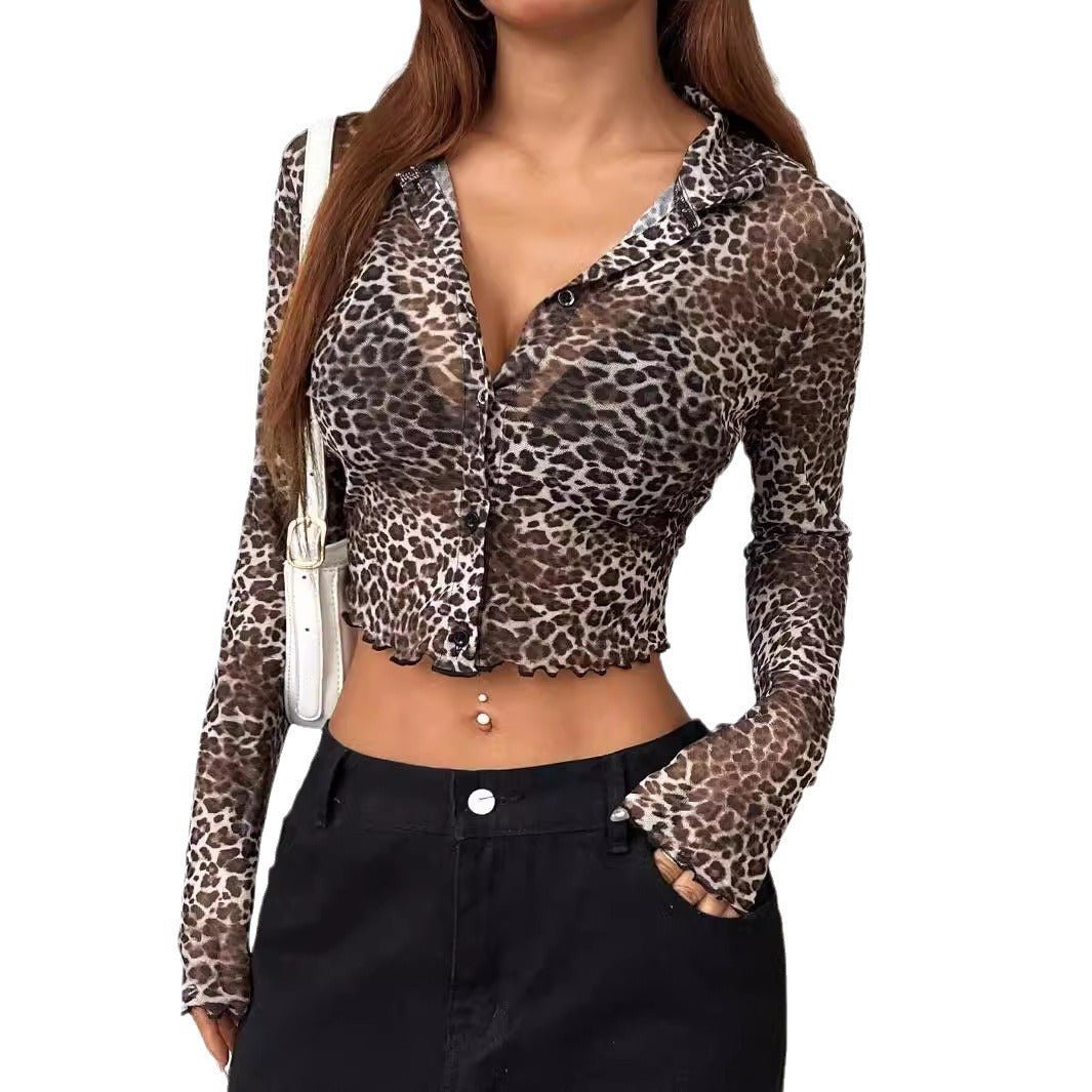 2025 Y2K leopard print mesh yarn single-breasted fungus edge long-sleeved short shirt top women