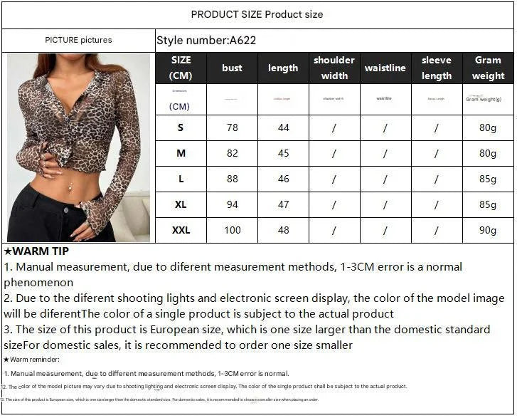 2025 Y2K leopard print mesh yarn single-breasted fungus edge long-sleeved short shirt top women