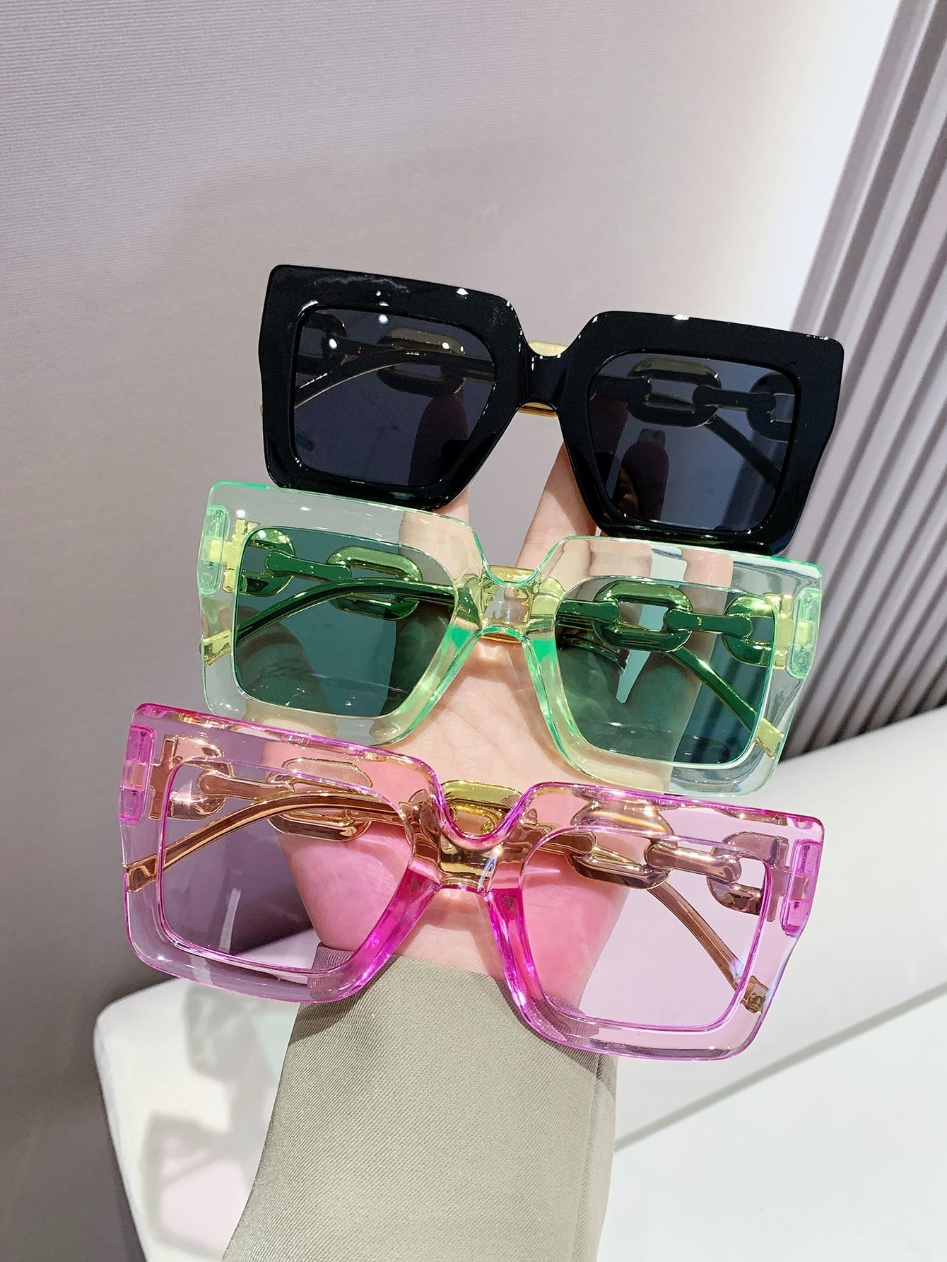 3pcs Women's Fashionable Square Shaped Plastic Decorated Sunglasses