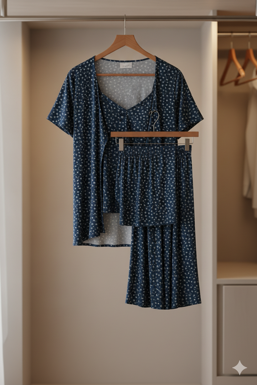 The Flowy Flared Comfort Set - Soft Navy Floral
