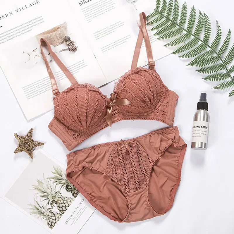Sexy Lingerie Set Water-Soluble Embroidered Lace Bra Wireless Push-Up Underwire Cup Adult Size