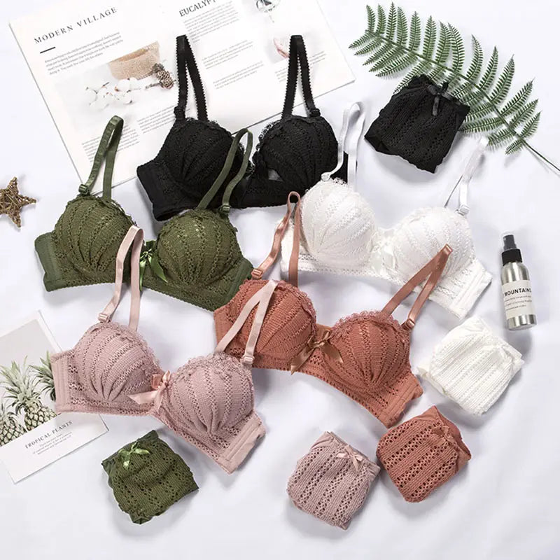 Sexy Lingerie Set Water-Soluble Embroidered Lace Bra Wireless Push-Up Underwire Cup Adult Size