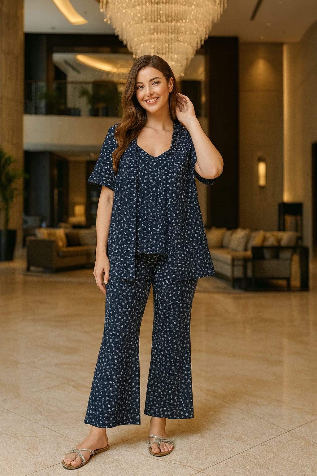 The Flowy Flared Comfort Set - Soft Navy Floral