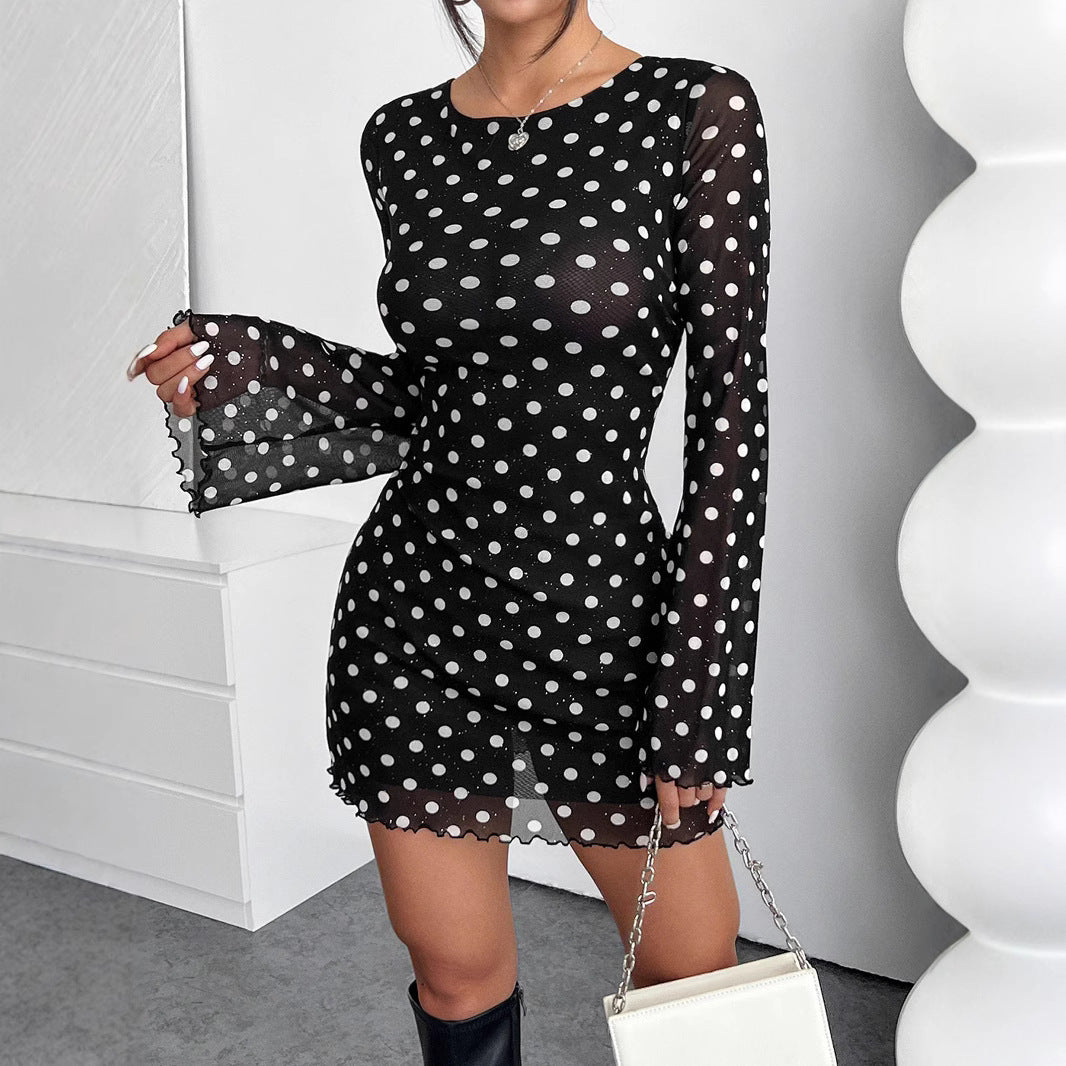 2025 new elegant women's mesh polka dot printing round neck backless long-sleeved dress
