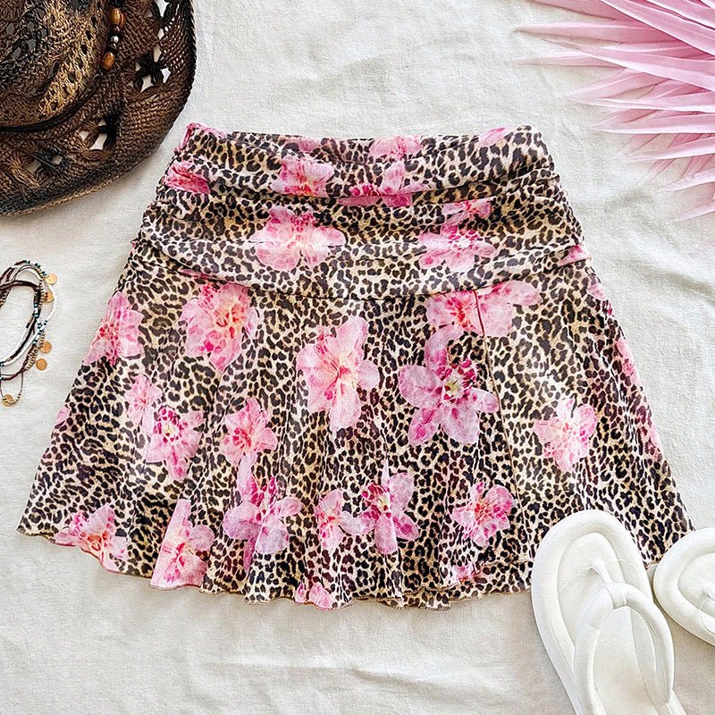 an and n leopard print skirt 2025 summer  holiday style short skirt small swing A-line skirt women's clothing