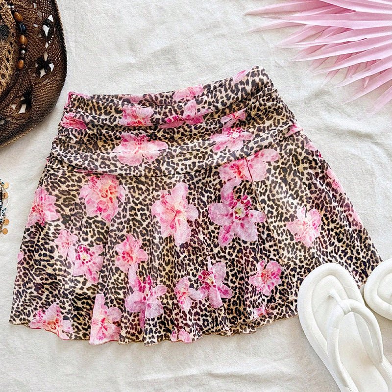 an and n leopard print skirt 2025 summer  holiday style short skirt small swing A-line skirt women's clothing
