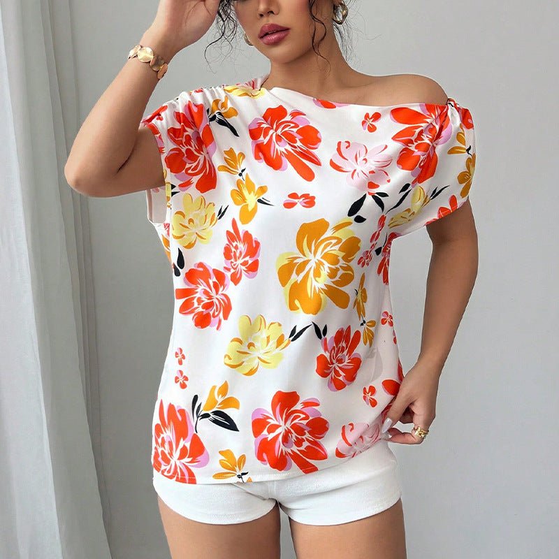 an and n oblique shoulder shirt 2025 summer new  holiday style short-sleeved shirt women's pullover