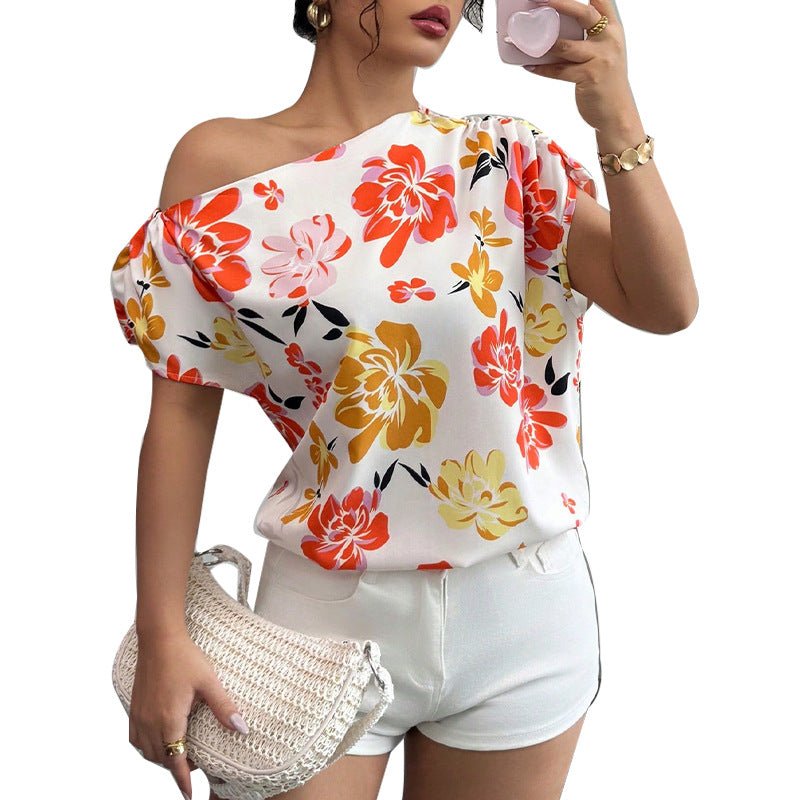 an and n oblique shoulder shirt 2025 summer new  holiday style short-sleeved shirt women's pullover