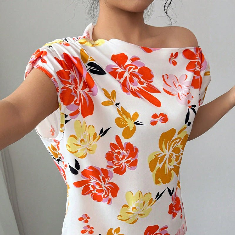 an and n oblique shoulder shirt 2025 summer new  holiday style short-sleeved shirt women's pullover