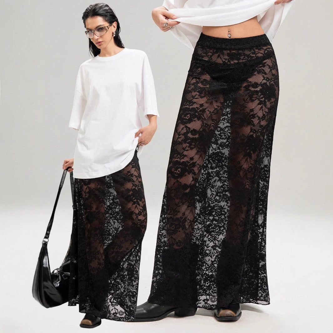an and n style 2025 summer new women's clothing solid color slim-fit hip-wrapped street fashion high-waisted lace skirt