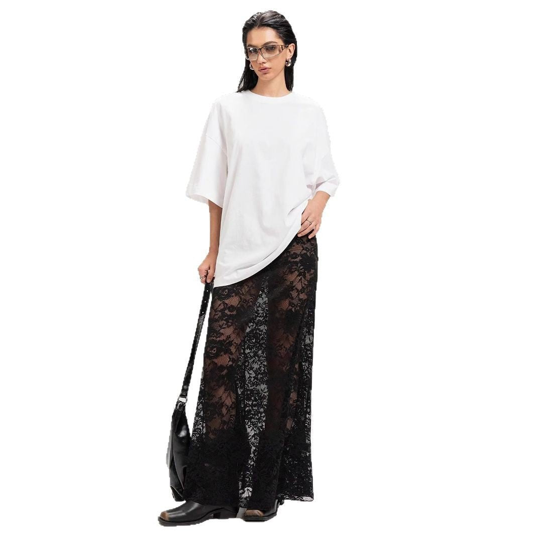 an and n style 2025 summer new women's clothing solid color slim-fit hip-wrapped street fashion high-waisted lace skirt