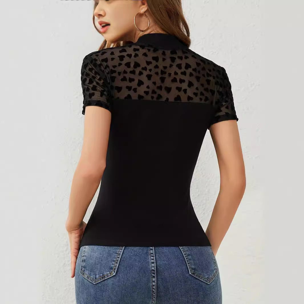 and the   2025 new mesh love splicing short-sleeved small stand-up collar fashion slim T-shirt top women