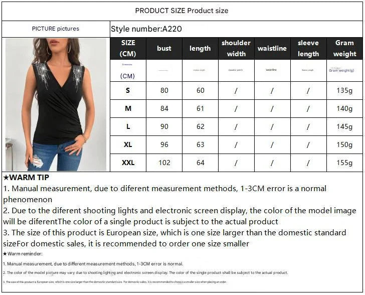 and the   2025 spring and summer elegant cross-fold hot diamond sleeveless vest slim T-shirt slim top women