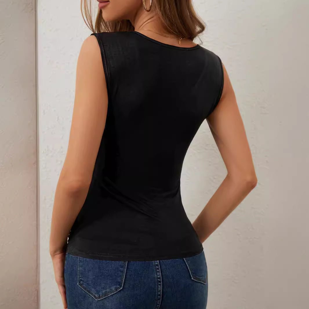 and the   2025 spring and summer elegant cross-fold hot diamond sleeveless vest slim T-shirt slim top women