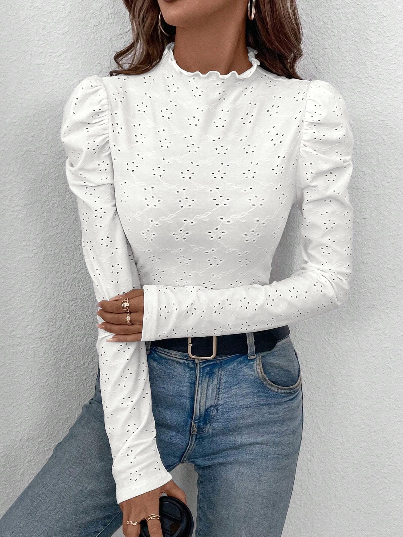 and the   2025 spring elegant women's solid color wood ear edge embroidery fabric slim long-sleeved T-shirt top women