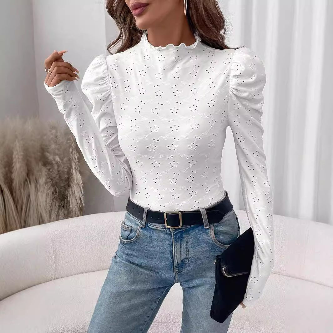and the   2025 spring elegant women's solid color wood ear edge embroidery fabric slim long-sleeved T-shirt top women