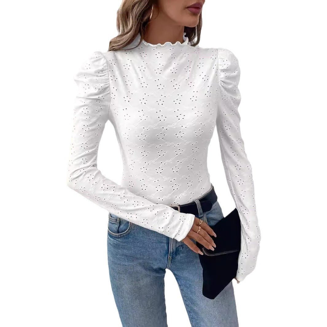 and the   2025 spring elegant women's solid color wood ear edge embroidery fabric slim long-sleeved T-shirt top women