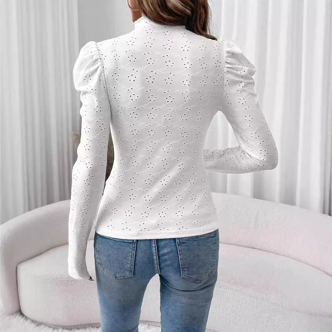 and the   2025 spring elegant women's solid color wood ear edge embroidery fabric slim long-sleeved T-shirt top women