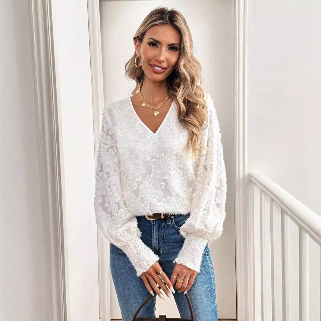 and the   2025 spring new women's V-neck lantern sleeve embroidery casual romantic white shirt top