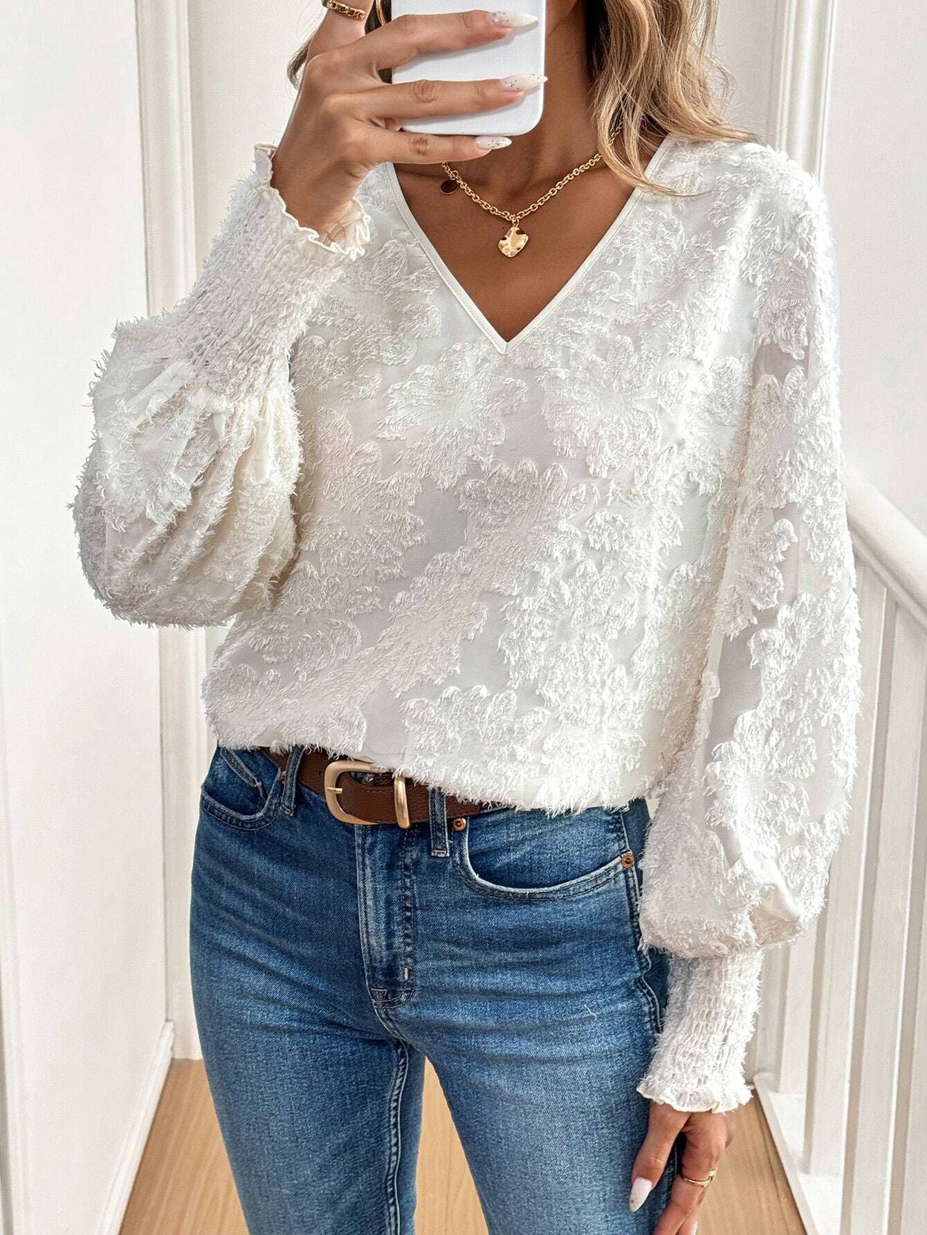 and the   2025 spring new women's V-neck lantern sleeve embroidery casual romantic white shirt top
