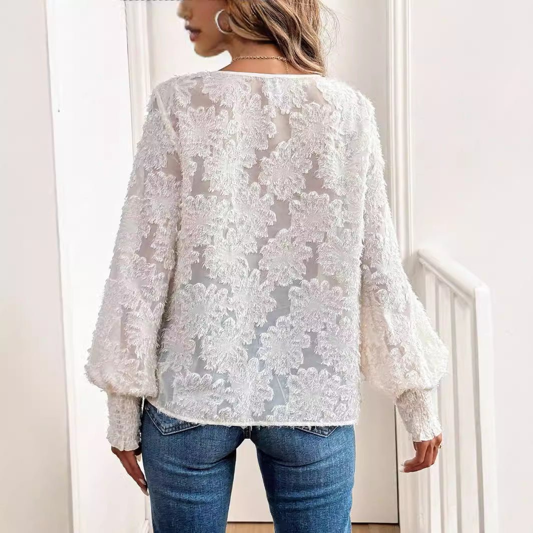 and the   2025 spring new women's V-neck lantern sleeve embroidery casual romantic white shirt top