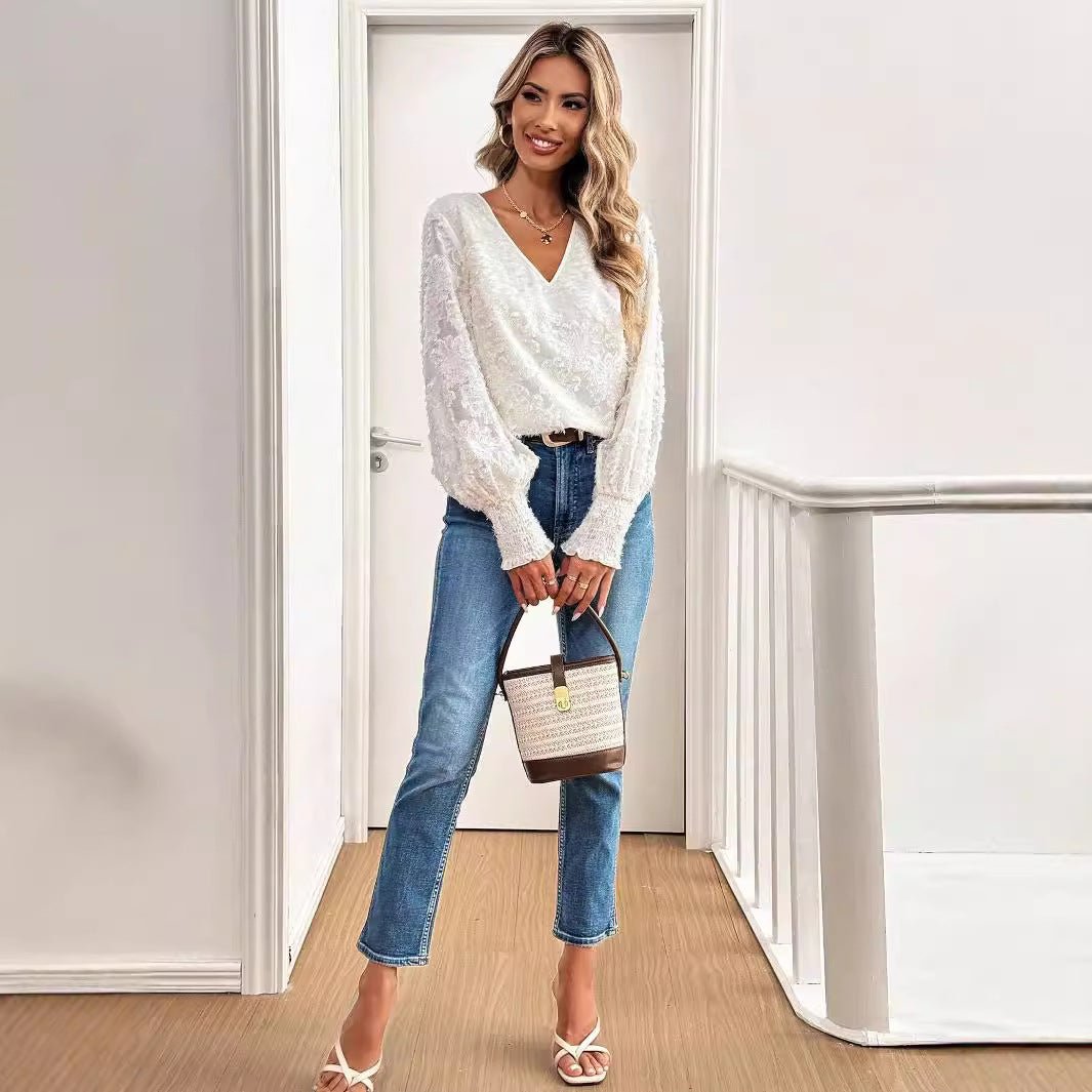and the   2025 spring new women's V-neck lantern sleeve embroidery casual romantic white shirt top
