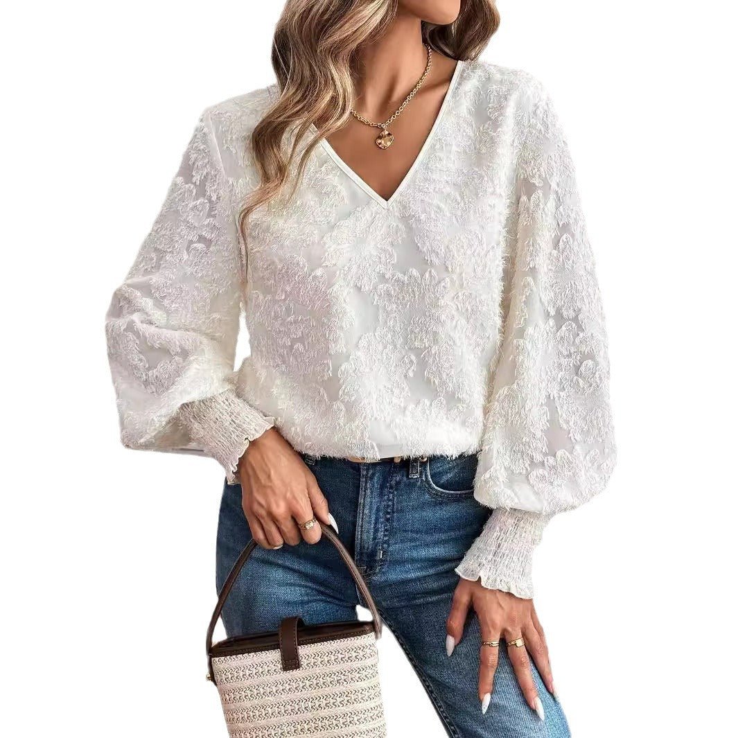 and the   2025 spring new women's V-neck lantern sleeve embroidery casual romantic white shirt top