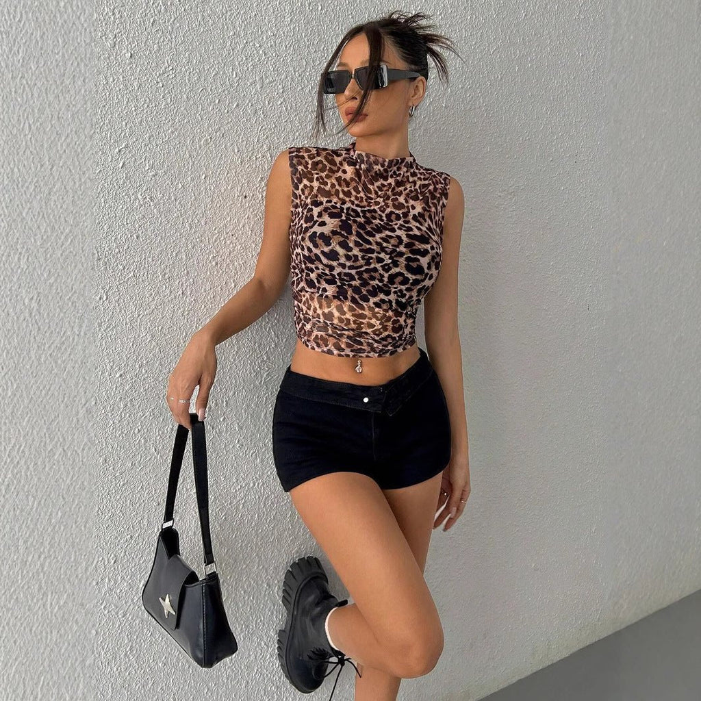 and the   2025 summer new women's clothing top slim and thin sleeveless leopard print stand-up collar sexy women's T-shirt
