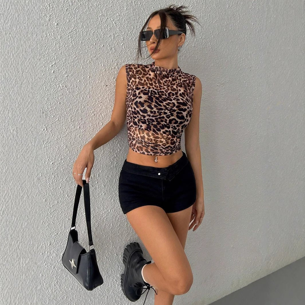 and the   2025 summer new women's clothing top slim and thin sleeveless leopard print stand-up collar sexy women's T-shirt