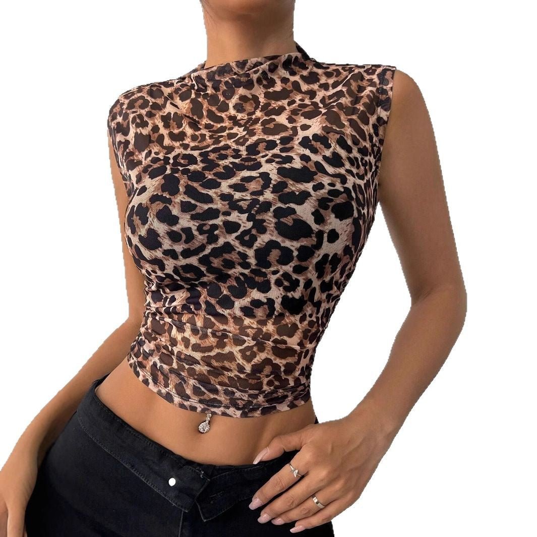and the   2025 summer new women's clothing top slim and thin sleeveless leopard print stand-up collar sexy women's T-shirt