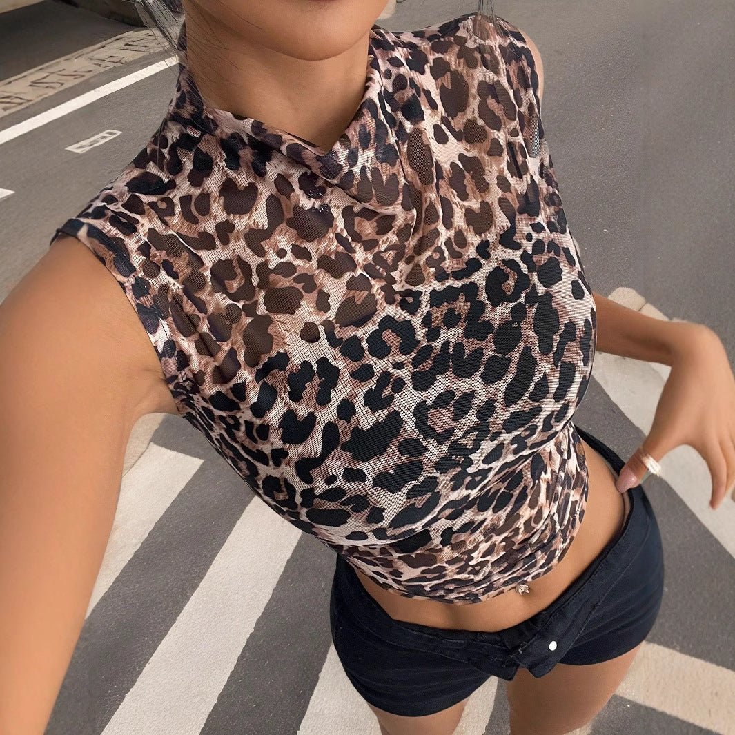 and the   2025 summer new women's clothing top slim and thin sleeveless leopard print stand-up collar sexy women's T-shirt