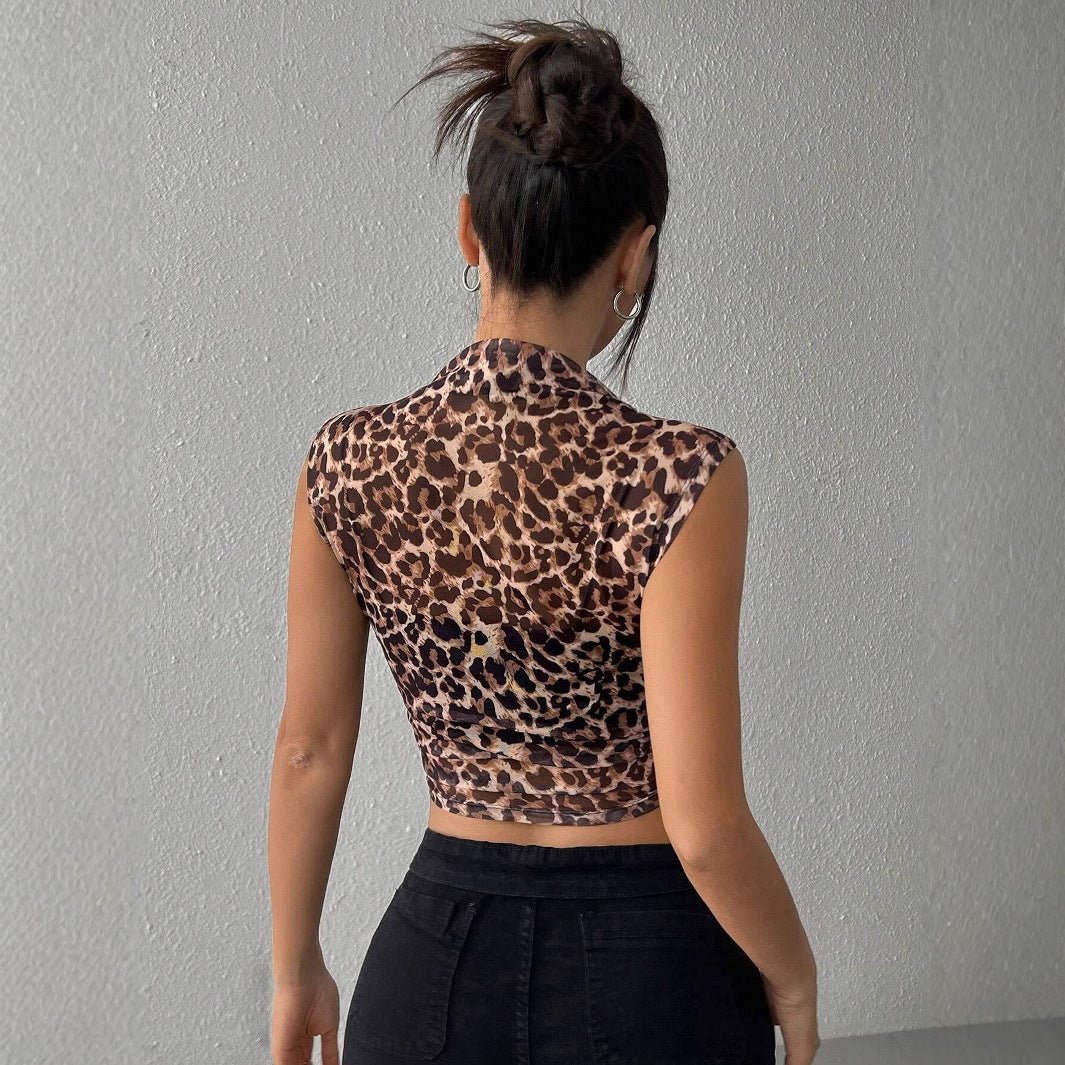 and the   2025 summer new women's clothing top slim and thin sleeveless leopard print stand-up collar sexy women's T-shirt