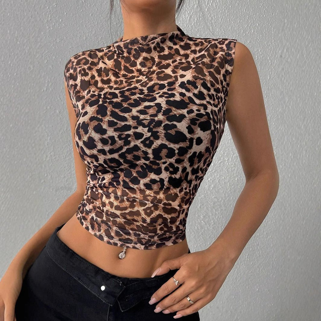 and the   2025 summer new women's clothing top slim and thin sleeveless leopard print stand-up collar sexy women's T-shirt