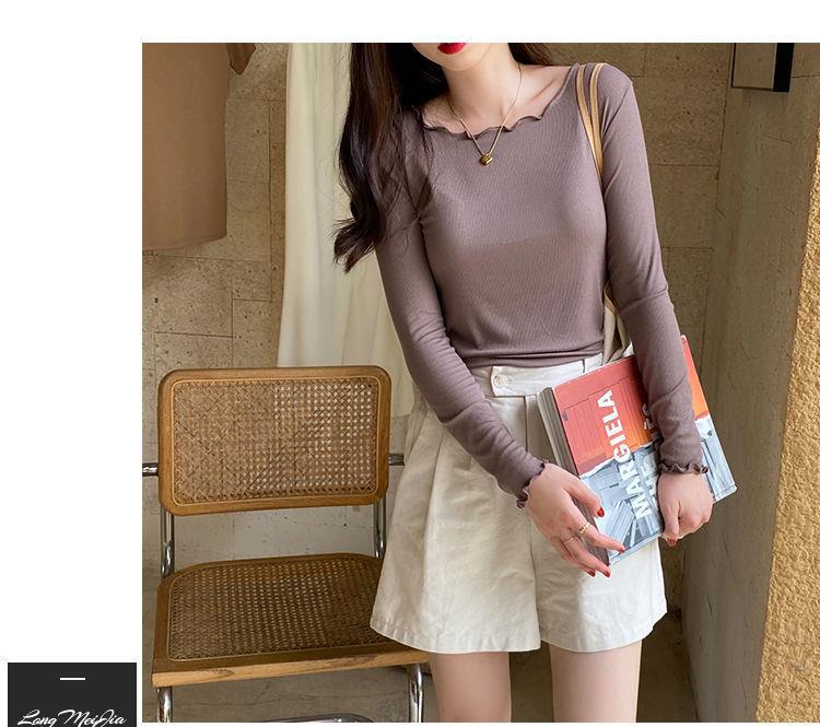 Candy color wood ear edge long sleeve T-shirt women's spring new style inner wear slim student solid color bottoming shirt ins top