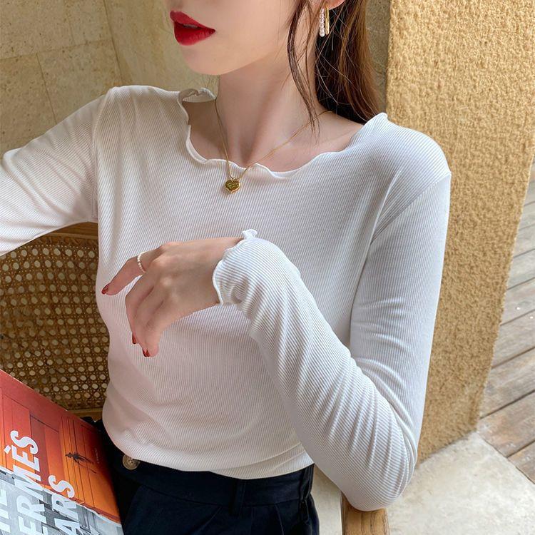 Candy color wood ear edge long sleeve T-shirt women's spring new style inner wear slim student solid color bottoming shirt ins top