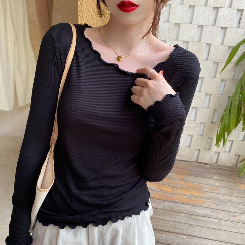 Candy color wood ear edge long sleeve T-shirt women's spring new style inner wear slim student solid color bottoming shirt ins top