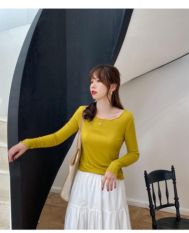 Candy color wood ear edge long sleeve T-shirt women's spring new style inner wear slim student solid color bottoming shirt ins top