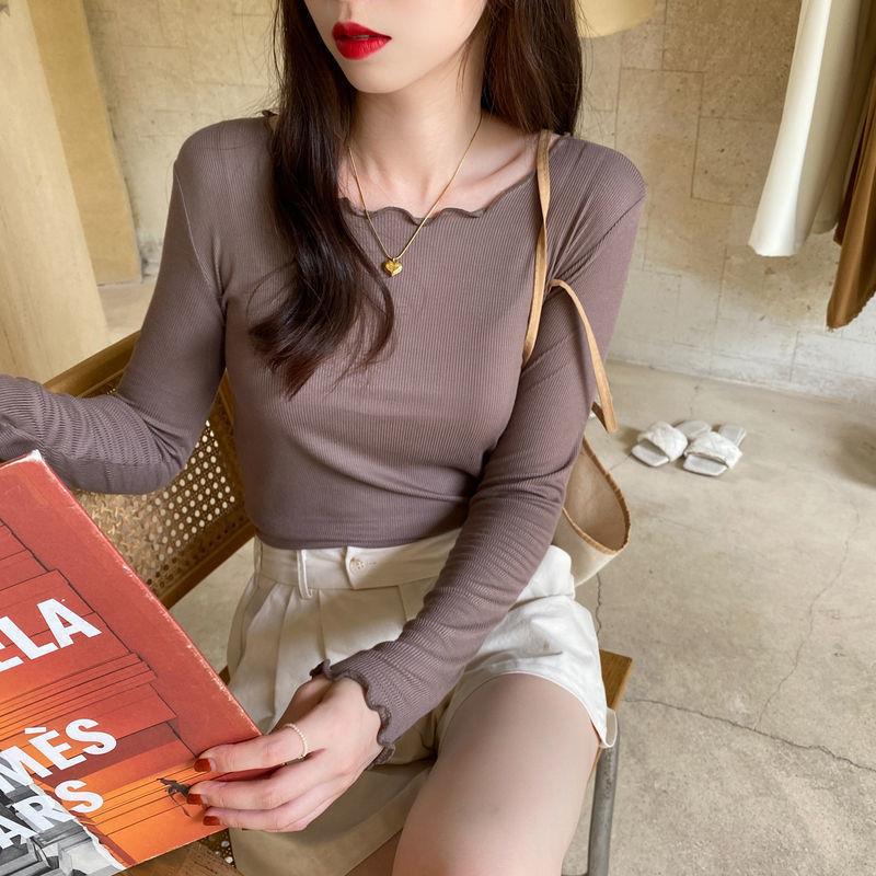 Candy color wood ear edge long sleeve T-shirt women's spring new style inner wear slim student solid color bottoming shirt ins top