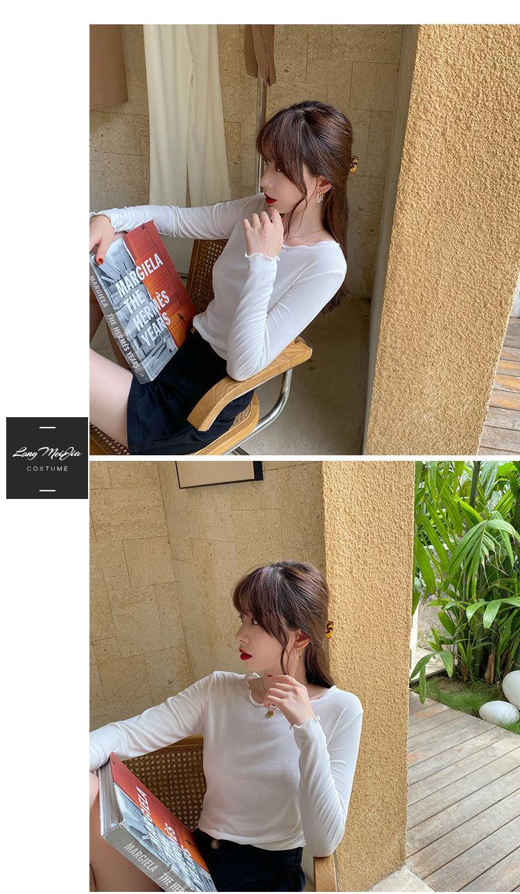 Candy color wood ear edge long sleeve T-shirt women's spring new style inner wear slim student solid color bottoming shirt ins top