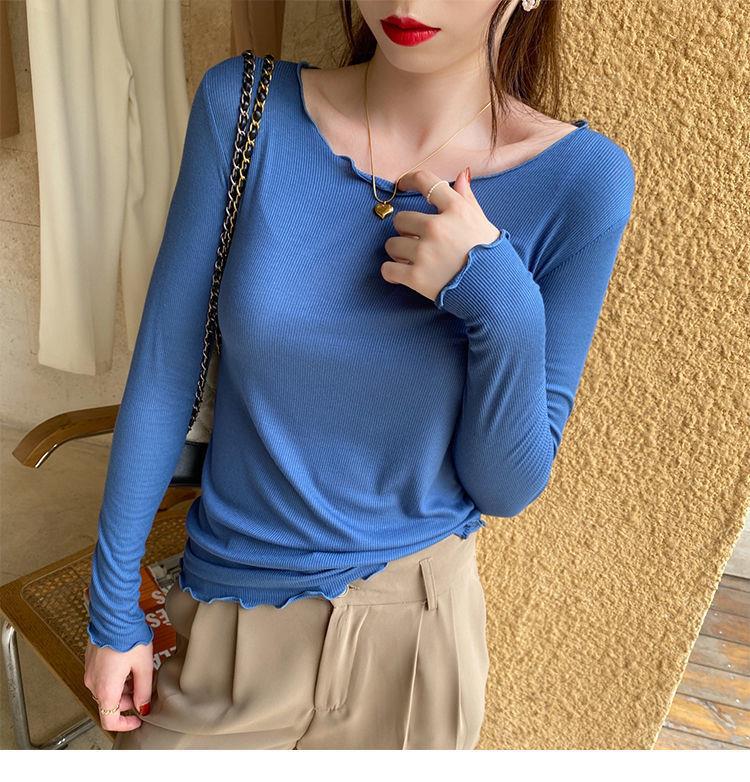Candy color wood ear edge long sleeve T-shirt women's spring new style inner wear slim student solid color bottoming shirt ins top