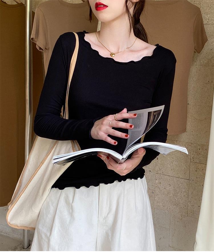 Candy color wood ear edge long sleeve T-shirt women's spring new style inner wear slim student solid color bottoming shirt ins top