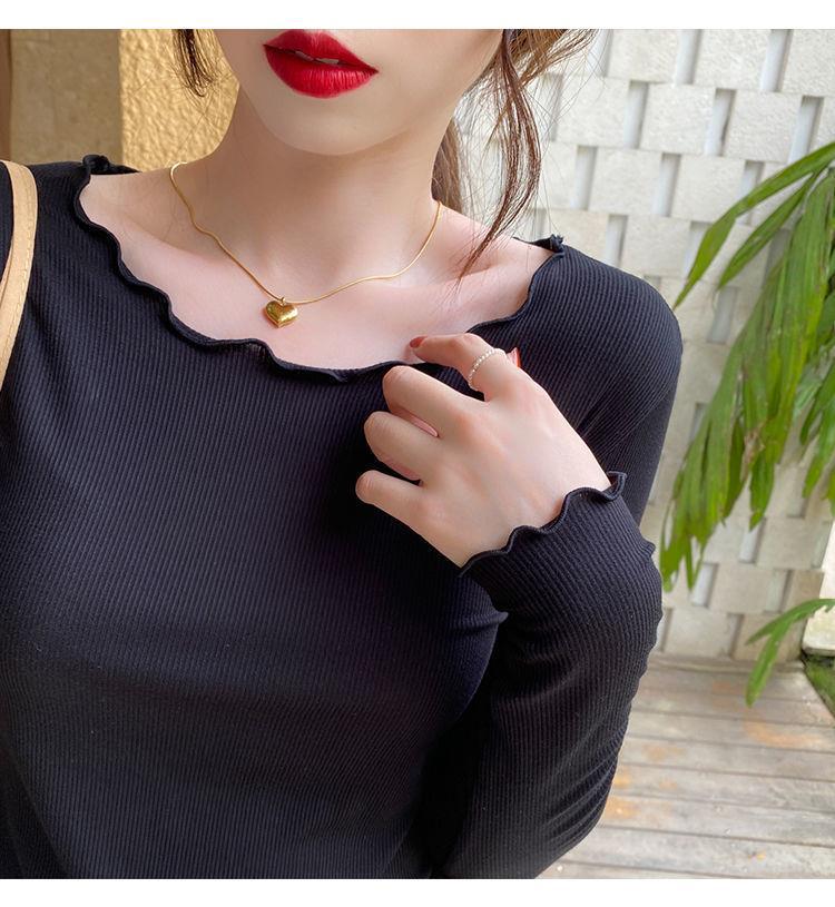 Candy color wood ear edge long sleeve T-shirt women's spring new style inner wear slim student solid color bottoming shirt ins top
