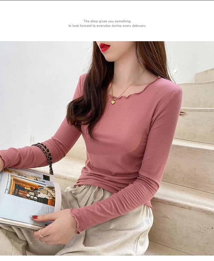 Candy color wood ear edge long sleeve T-shirt women's spring new style inner wear slim student solid color bottoming shirt ins top