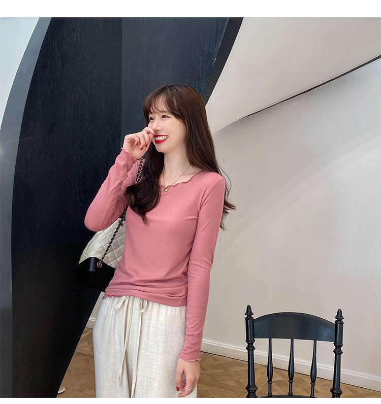 Candy color wood ear edge long sleeve T-shirt women's spring new style inner wear slim student solid color bottoming shirt ins top