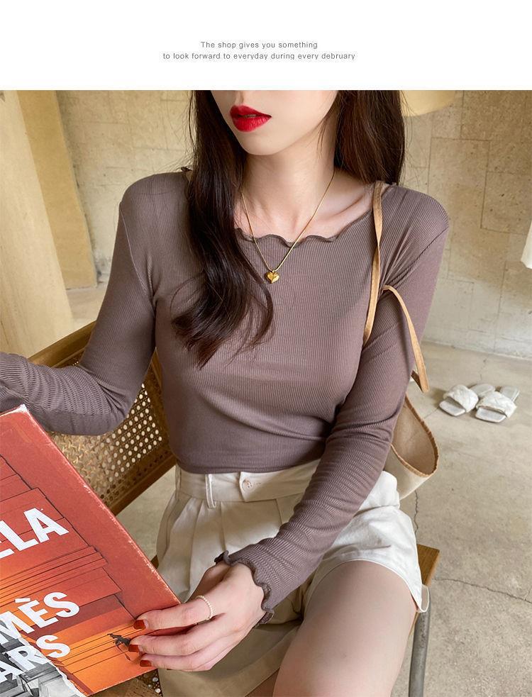 Candy color wood ear edge long sleeve T-shirt women's spring new style inner wear slim student solid color bottoming shirt ins top
