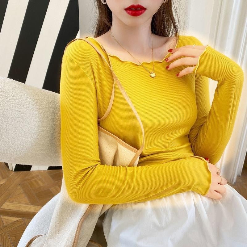 Candy color wood ear edge long sleeve T-shirt women's spring new style inner wear slim student solid color bottoming shirt ins top
